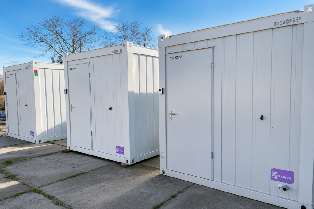Drie witte 20ft kantoorunits die naast elkaar staan